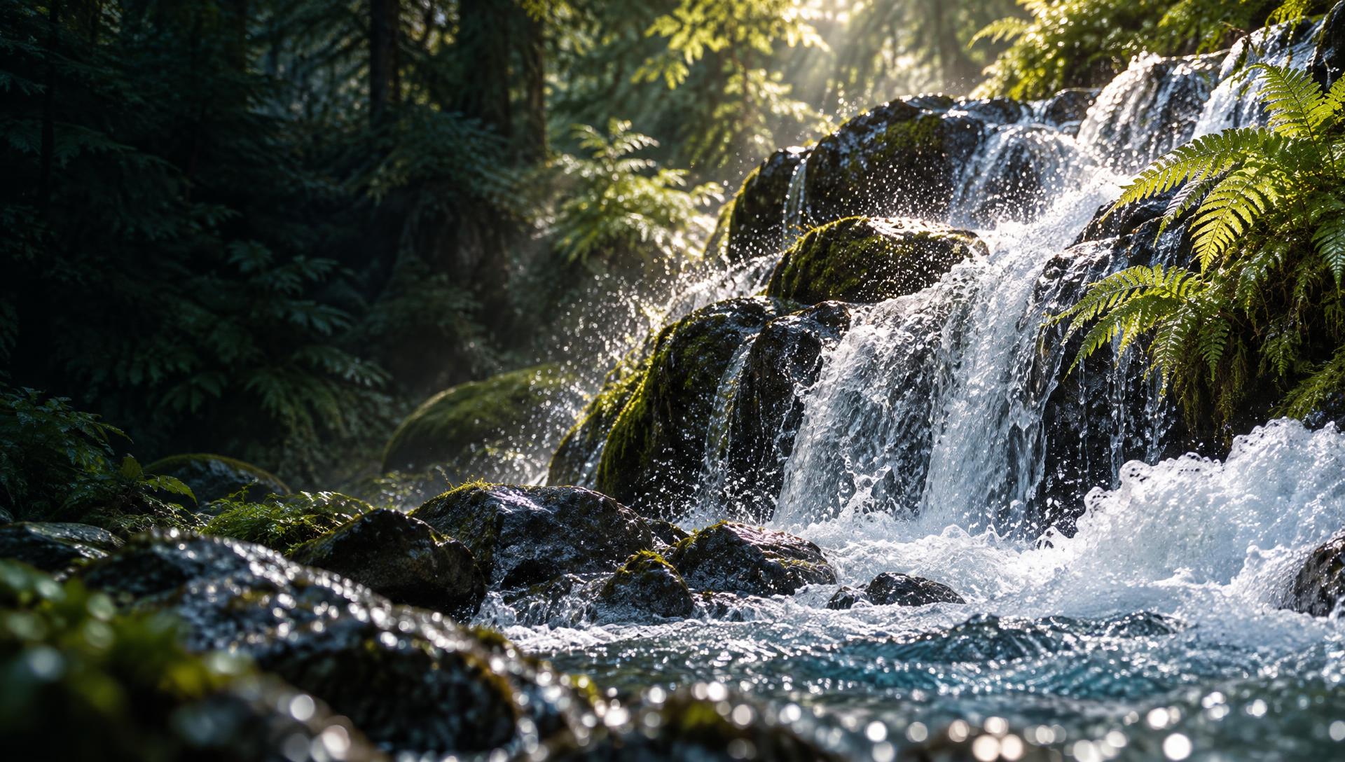 Sunlight across a flowing mountain waterfall